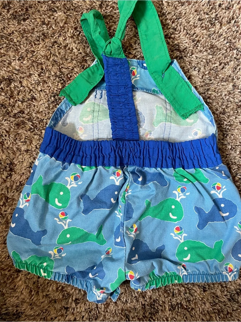 Rare Vintage OshKosh B'gosh Blue & Green Whale Print Baby Overall Shorts